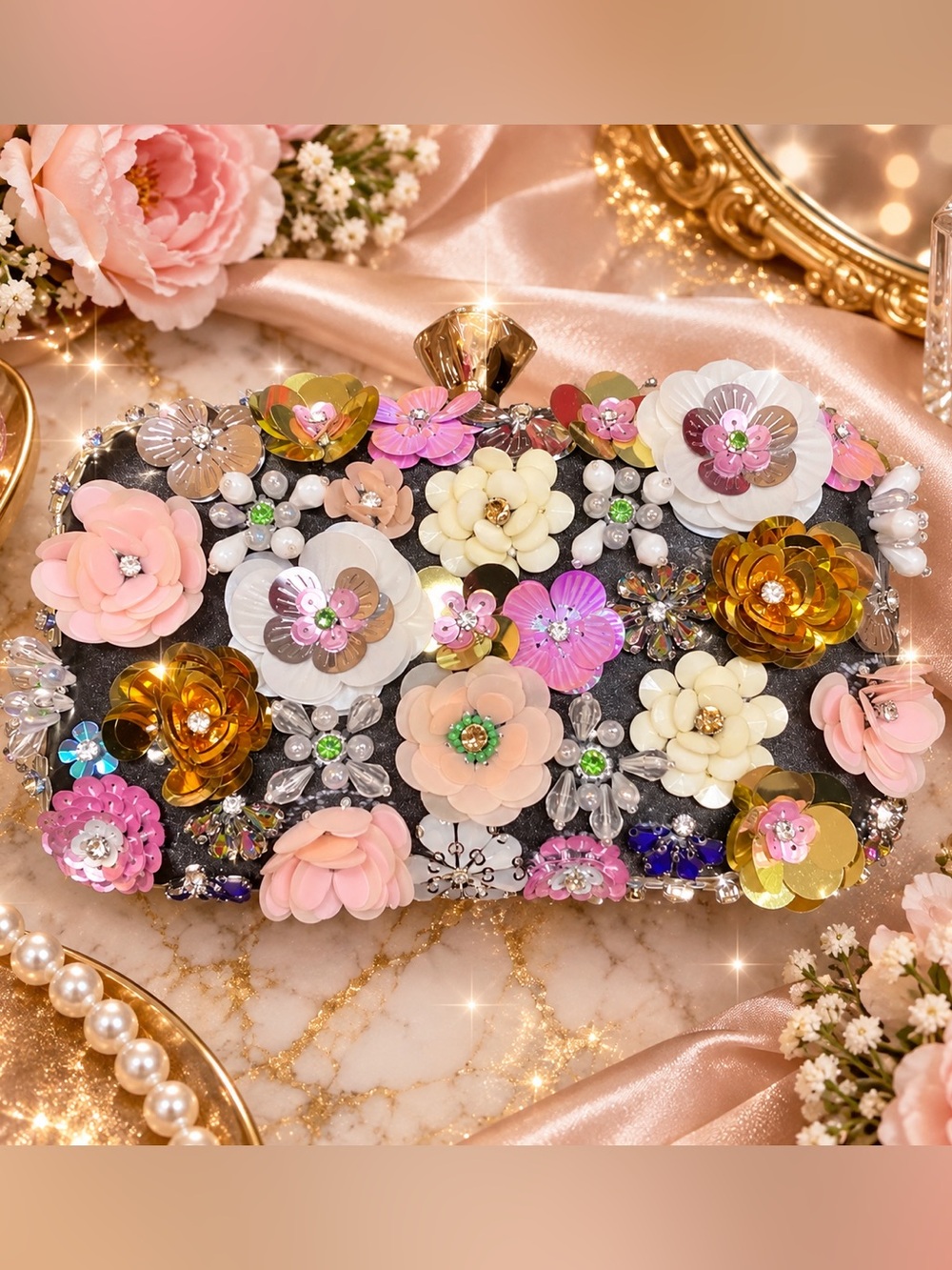 Bebe Beaded Embellished Clutch Bag Black & Multicolor Floral Design